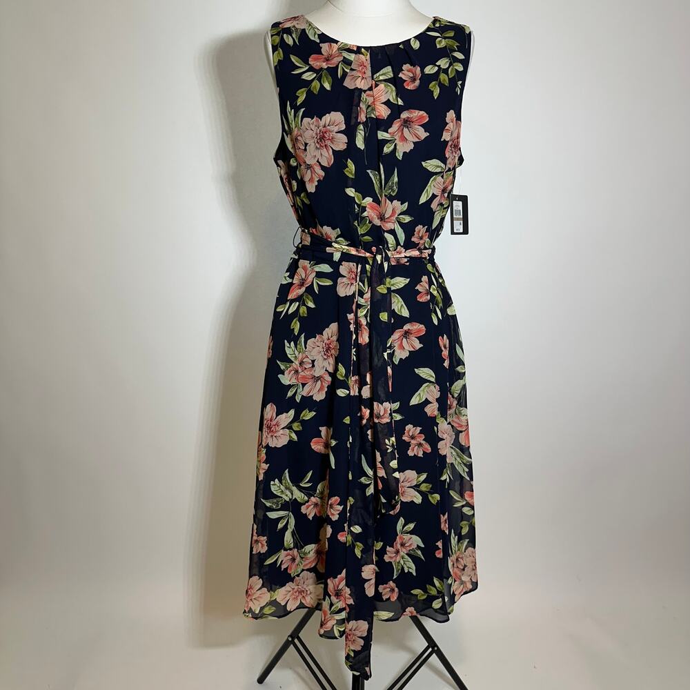 JH Collections Navy Blue Floral Sleeveless Tie Belt Midi Dress Womens 12